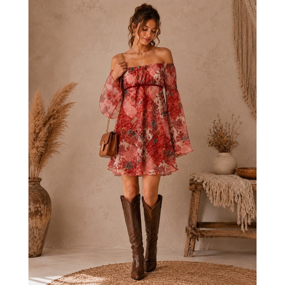 Windsor Patchwork Floral Off Shoulder Bell Sleeve Mini Dress Cottagecore L